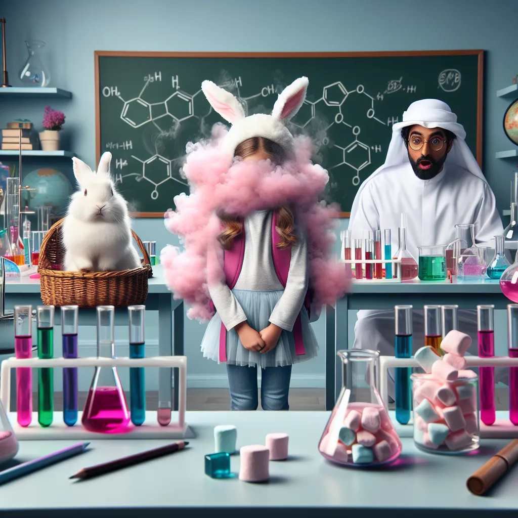 A science lab with colorful test tubes and beakers. In the center, a young girl stands as pink smoke envelops her, while her pet bunny, Marshmallow, watches anxiously from her backpack. The girl's transformation into an anthropomorphic bunny is seen in progress, with ears, fur, and tail in the process of appearing. A science teacher nearby looks on in surprise and amusement.