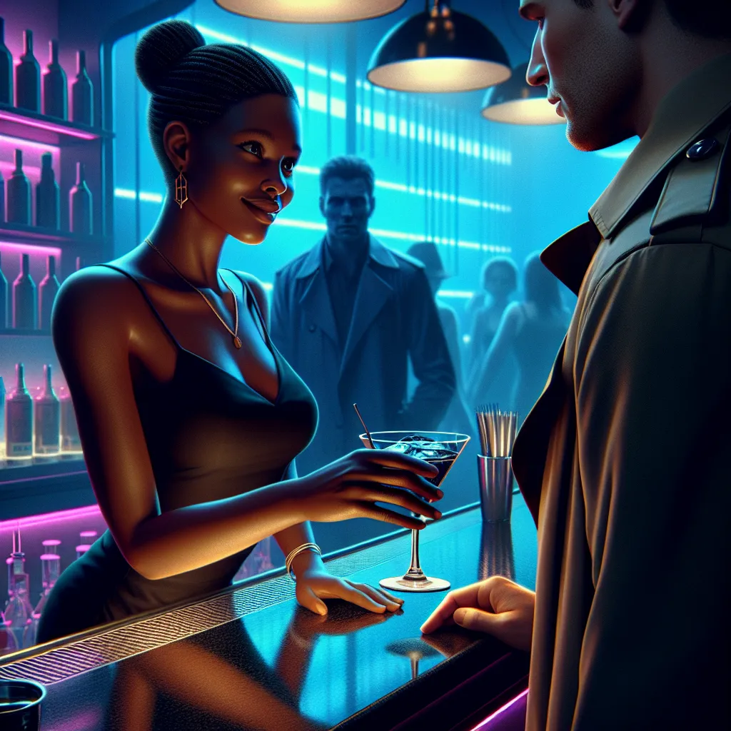 A bartender named Kayla stands behind a sleek, obsidian bar in a dimly lit nightclub, pouring drinks for the crowd of neon-lit patrons. Her face carries a professional smile, but she carries the weight of her sister Megan's unsolved disappearance. On the anniversary of Megan vanishing, a stranger in a trench coat, named Miles Corrigan, approaches Kayla. He reveals himself as a detective from the private sector and offers to help find Megan. A mixture of skepticism and hope floods Kayla's face as