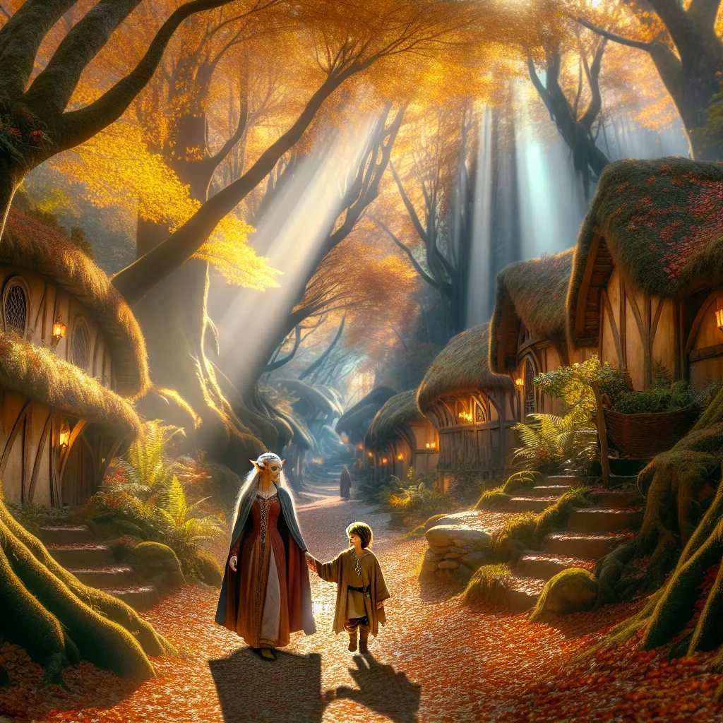 The image accompanying this story depicts a serene and enchanting village nestled amidst an ancient forest. The vibrant colors of autumn are reflected in the golden leaves that carpet the ground, while rays of sunlight filter through the trees, casting a magical glow. In the foreground, a wise elven mother named Uma walks hand in hand with her young son, San, both dressed in traditional elven attire. They exude warmth and affection as they embark on a journey of discovery and knowledge.