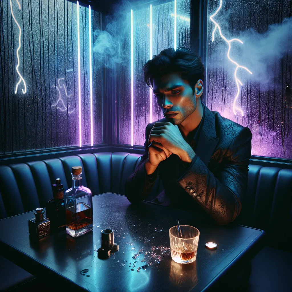 A mysterious scene set in a dark, neon-lit club, where the young owner is grappling with a curse and the memory of a visit from an elf. The image captures the owner in a private booth, surrounded by remnants of the elf's presence, contemplating a bottle of whiskey while lightning flashes outside.