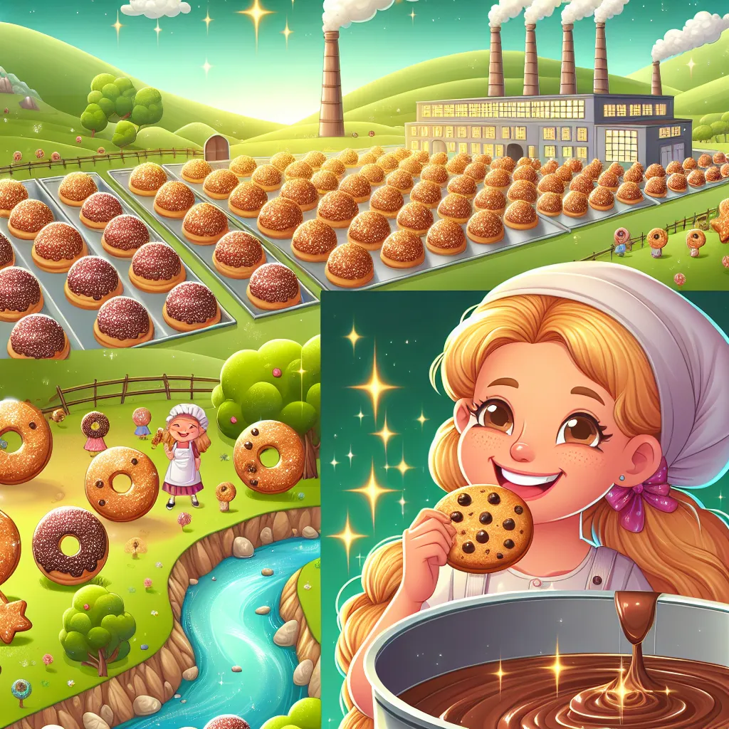 An image of a whimsical cookie factory surrounded by rolling hills and a sparkling brook. The factory is filled with rows of glittering, sugar-dusted cookies and vats of velvety chocolate. A cheerful young woman, Frankie Foster, is seen happily tasting a cookie, her face glowing with contentment and joy.