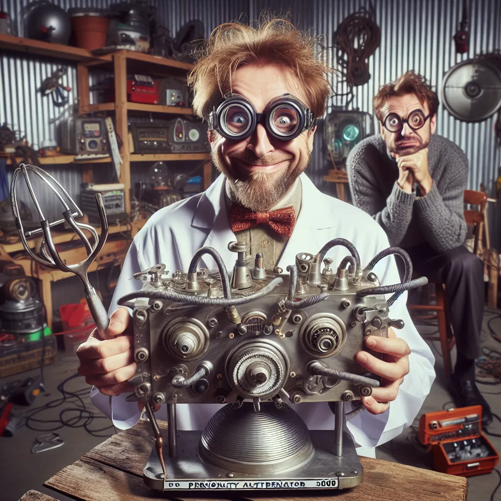 An image of a comical scene in a cluttered garage, with a mad scientist named Bob and his girlfriend Lisa. Bob is holding a sleek, metallic device called the Personality Manipulator 3000 (P-Man 3000) and grinning mischievously. Lisa, in the background, has a perplexed look on her face. The image captures the excitement and humor of their experimentation with the device, as they switch between different personalities, resulting in comedic situations.