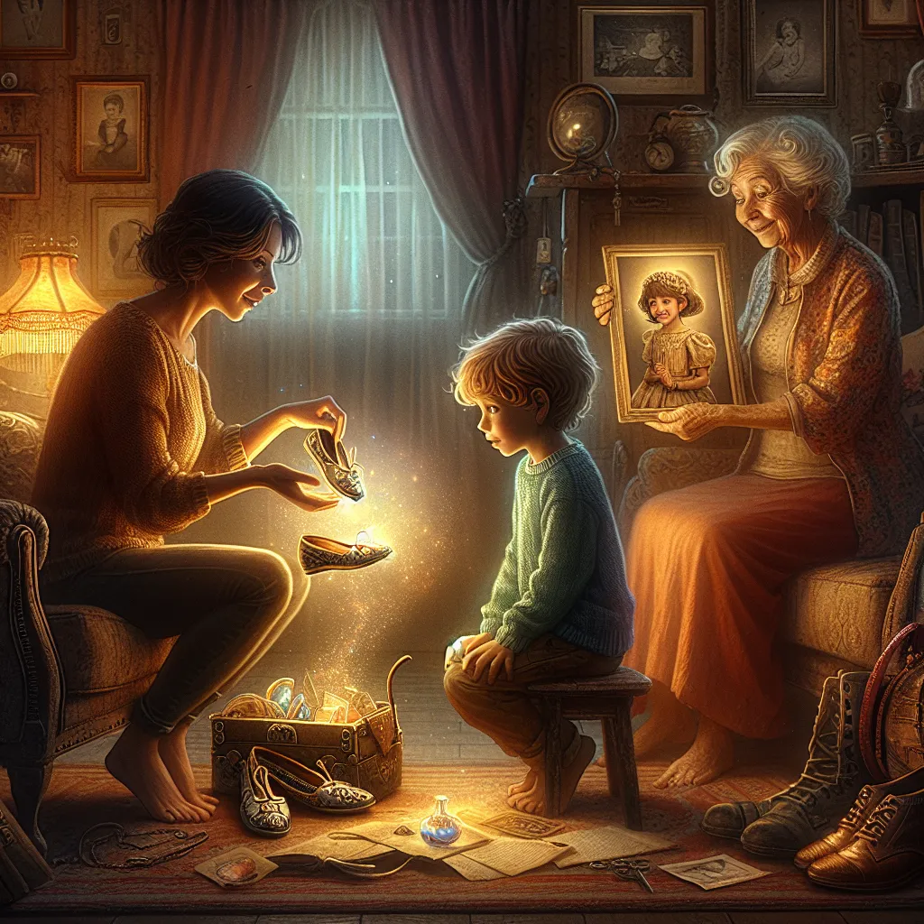 A story of a curious boy named Jasper who discovers his grandmother Doris's purse and sandals, unaware of the magical transformation awaiting him. Overwhelmed and terrified as he ages rapidly into Doris, Jasper's memories blur as Doris's begin to dominate. Jasper disappears, leaving a heartbreaking search that ends with Doris and her daughter, Allison, grasping at memories and solace. In the end, Doris carries a bittersweet mix of her own self and Jasper's essence, finding comfort in family love