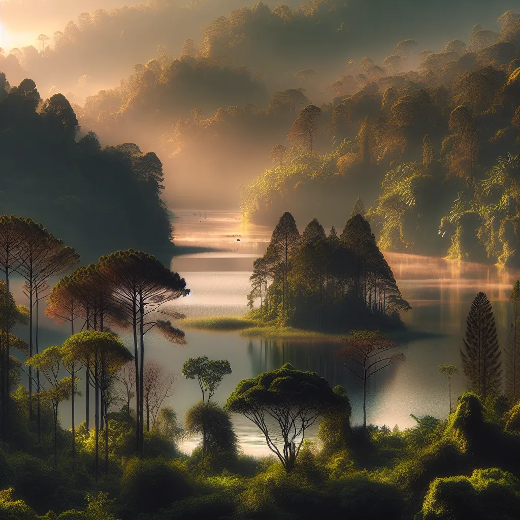 A serene forest overlooks a calm lake in the early morning light, creating a tranquil and peaceful scene.
