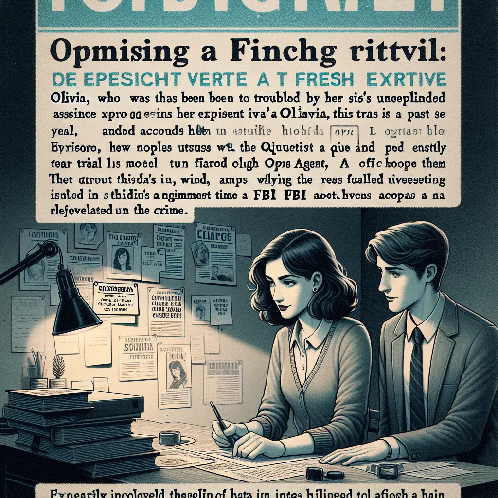 In this mystery story, Olivia, haunted by her sister's disappearance for a year, reluctantly teams up with a silent and observant FBI agent who stumbles upon a new lead. As they delve into clues hidden in Olivia's crime wall, a glimmer of hope emerges, igniting a spark of possibility in the darkest hour of Olivia's journey.