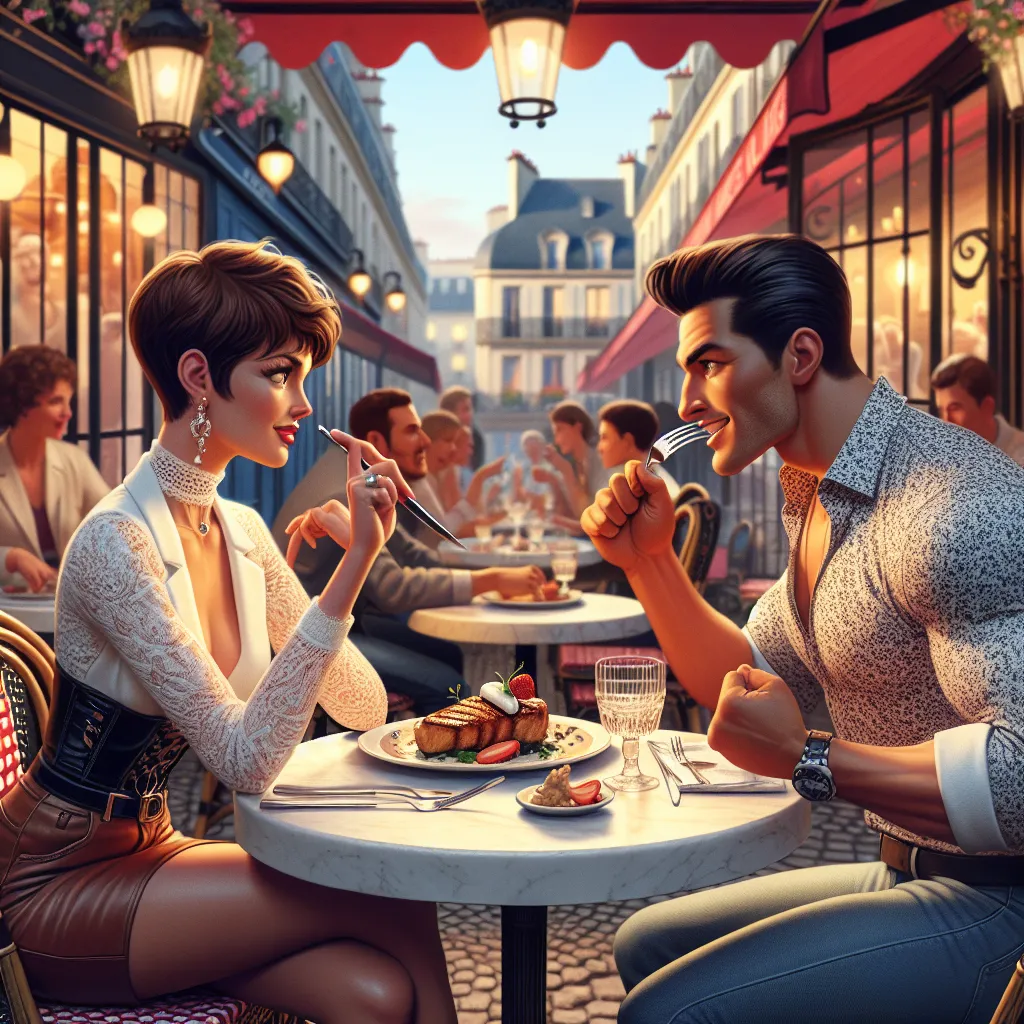 A woman in a Parisian café observes a man theatrically battling a cutlet, their playful charade blossoming into shared laughter and a hint of something more beneath the performance.