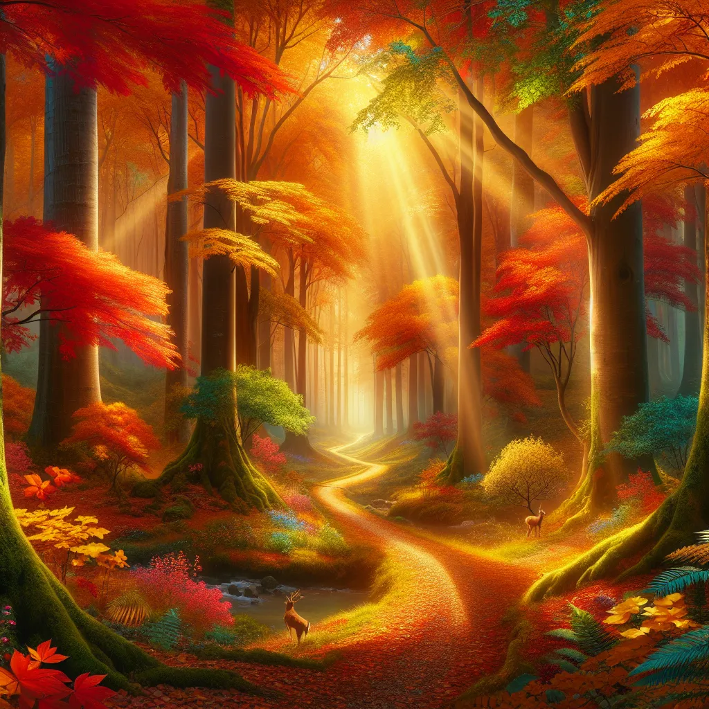 Description: An enchanting forest set in the heart of autumn, with vibrant golden and red leaves cascading from tall, majestic trees. Rays of soft sunlight pierce through the foliage, illuminating a winding path that beckons exploration. Forest creatures, including deer and birds, can be spotted amidst the captivating tranquility of this magical autumn scene.