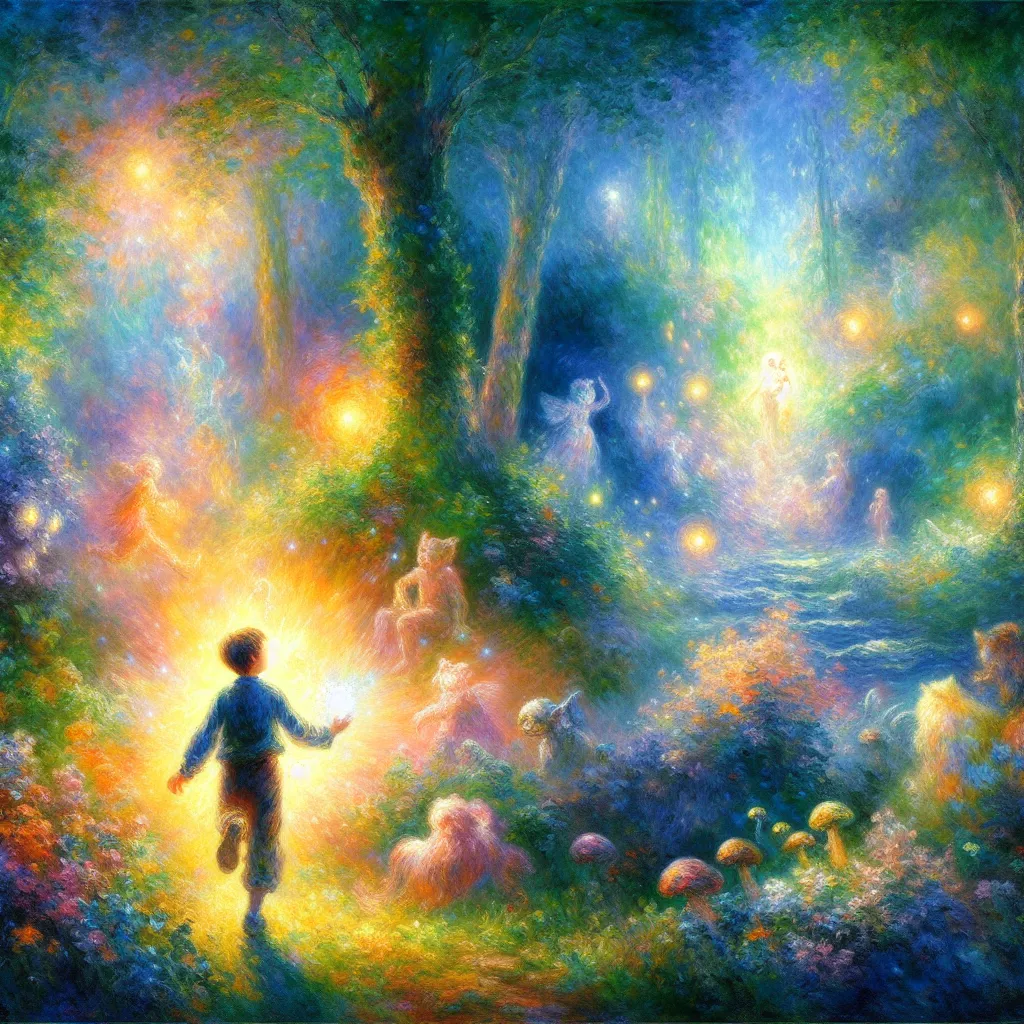 Boy, Transformation, Adventure, Friendship, Imagination in the style of Monet