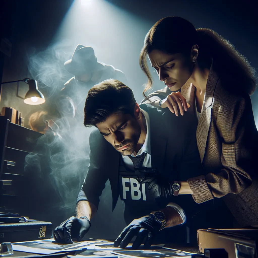 A mysterious scene unfolds as FBI Agent Malcolm Reed and club owner Tess Monaghan delve into solving the disappearance of Tess's sister, Carla. The image will capture the tension and determination in their faces as they uncover clues in a dimly lit room filled with evidence and shadows.