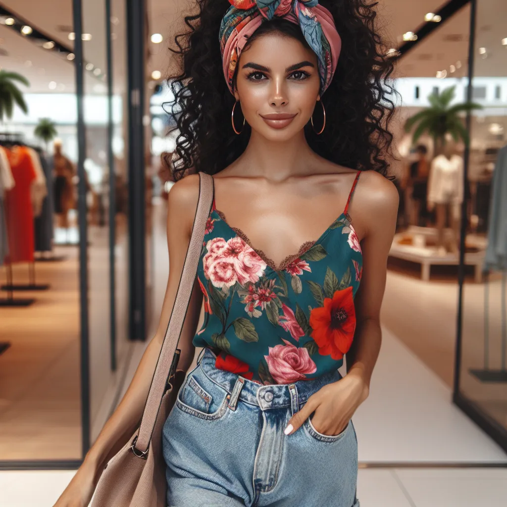 An image of a woman with dark curly hair tied in a headwrap, wearing a vibrant floral tank top and soft denim shorts, confidently striding through a store with a purse over her shoulder, portraying a sense of pride and contentment.