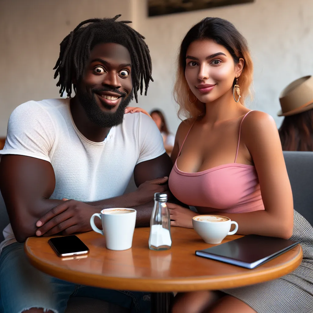 The image should depict two friends, one male and one female, sitting at a cafe table. The male friend, Bradley, is portrayed in the body of the female friend, Emily, while they both display comical expressions and body language. The scene should capture the humorous and somewhat awkward dynamic between the two characters, showcasing the "body swap" prank that is central to the story.