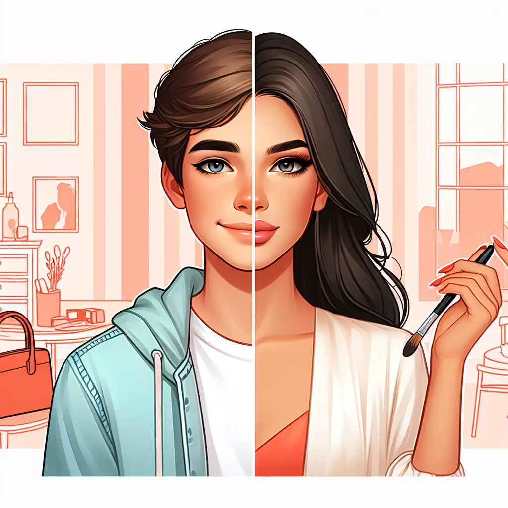 An image that could accompany this story could be a split image, with one side showing a young boy named Timothy in casual clothing, and the other side showing a young woman named Isabella in fashionable attire and with makeup on. The boy's side could have a bright and cheerful aesthetic, while the woman's side could have a more sophisticated and elegant feel.