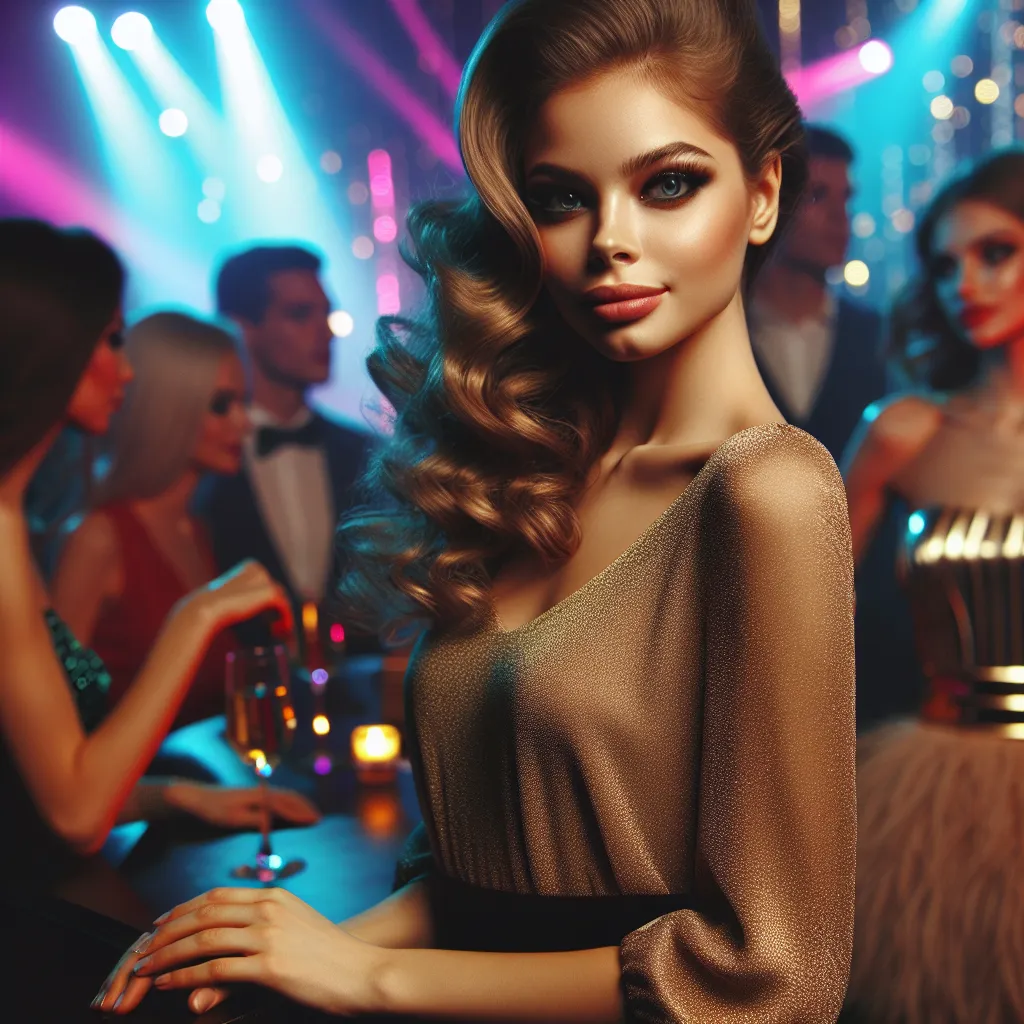 This image should depict a young woman named Sophia in a glamorous club setting. She should be wearing a tight gold mini dress with matching high heels, and her hair and makeup should be done flawlessly. She should be confidently interacting with men at the club, exuding an air of mystery and allure.