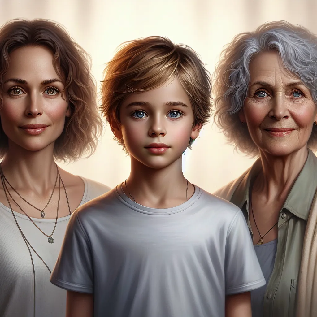 A young boy named Thomas, his mom Julia, and his grandma Helen stand together in a loving family portrait. Thomas, a curious and adventurous six-year-old, stands in the middle with bright blue eyes and short sandy blond hair. Julia, his caring mother, has wavy chestnut brown hair and hazel eyes. Helen, his compassionate grandma, has curly gray hair and piercing blue eyes. The three of them radiate warmth and love, representing the strength of their bond as they navigate life's challenges togethe
