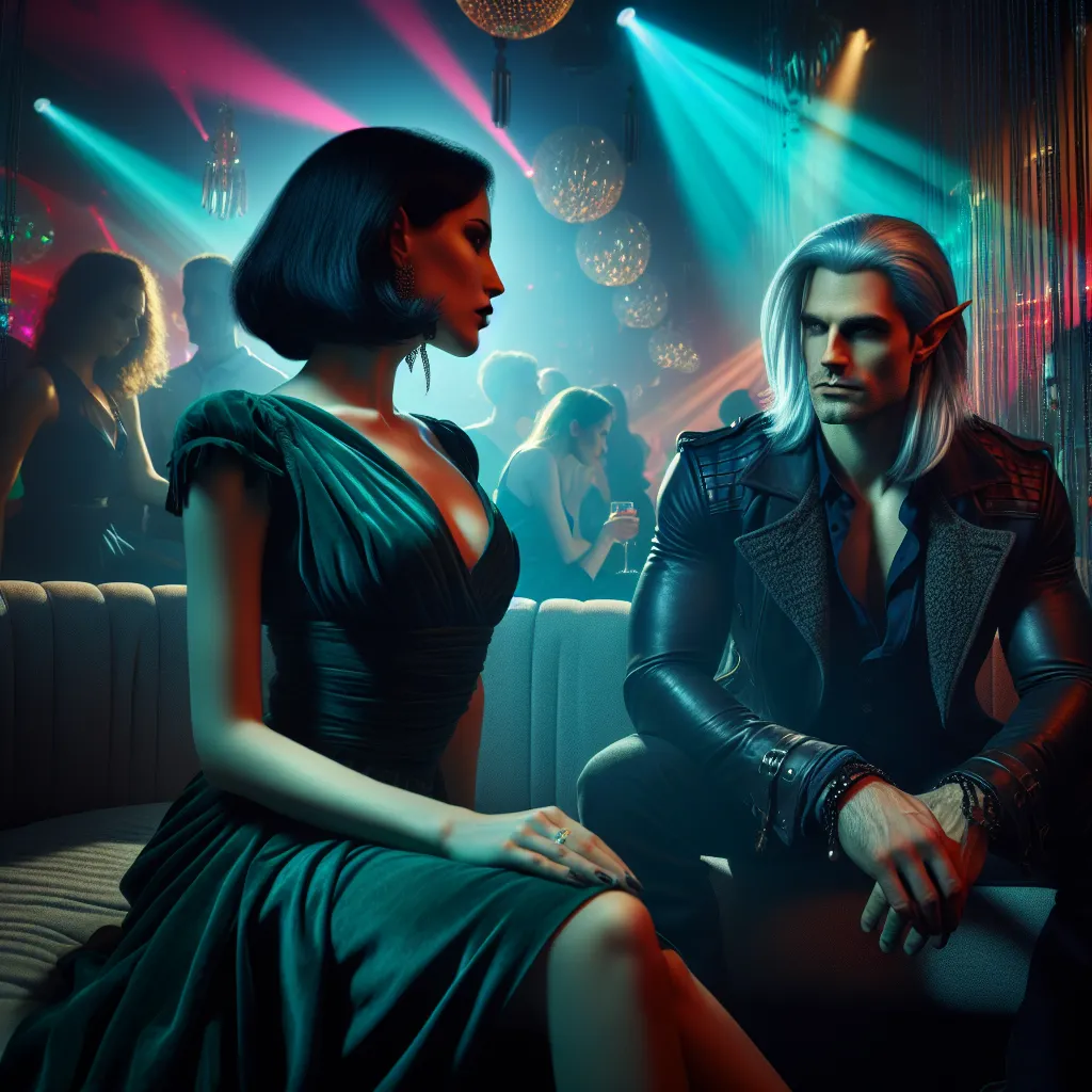 A mysterious and tense moment at a crowded nightclub between Sela, secluded in a private booth, and a rugged elf figure, their dynamic filled with veiled aggression and unspoken desire.
