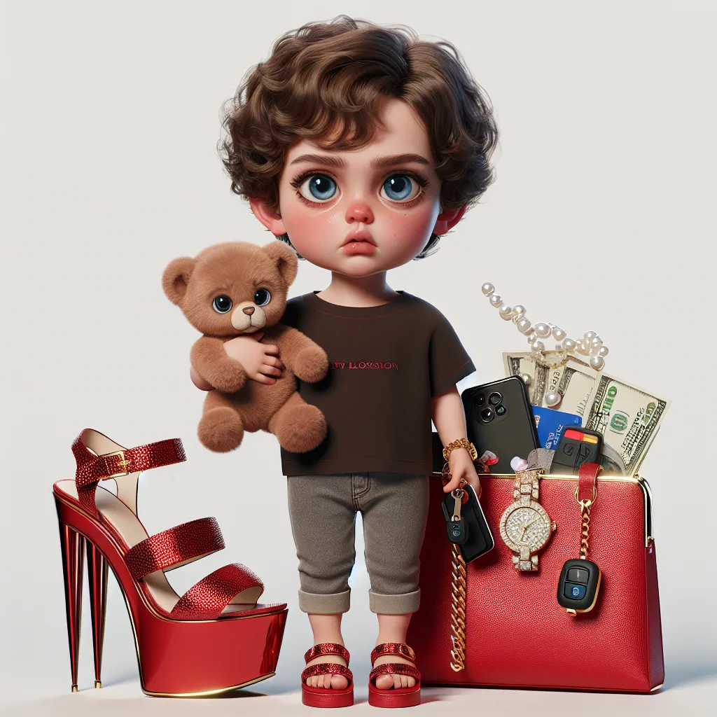 Image description: A young boy named Timothy, with short curly brown hair and blue eyes, stands with a look of fear on his face. He is dressed in a simple t-shirt and jeans, holding a stuffed animal tightly. In front of him, there is a pair of red platform sandals with golden straps and a matching red purse with golden chain straps. The purse contains luxurious items like a diamond-encrusted watch, a sleek smartphone, pearl earrings, a gold pen, a platinum credit card, car keys, and a stack of c