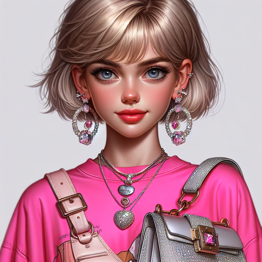 The image that will accompany this story is a portrait of a young girl with sandy blonde hair, styled in a short, boyish cut. She has clear blue eyes and is wearing a bright pink tank top with a low scoop neckline. She also has on matching hot pants, with platform sandals that have chunky, rhinestone-encrusted heels. The girl is holding a large, silver purse with glittery details and has eight pieces of jewelry on, including a wedding ring, large hoop earrings, and a gold charm bracelet. She is 