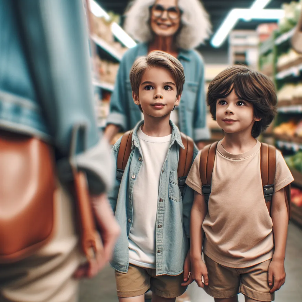 An image depicting a boy named Tommy Hartfield and his friend Amy Parker. Tommy, a 7-year-old with short brown hair, stands at 4 feet and 2 inches tall. He is accompanied by Amy, also 7 years old, as they explore a grocery store. In the background, an older woman named Margaret Thompson, also known as Maggie, can be seen wearing a loose t-shirt, denim jacket, and khaki shorts. She carries a large brown leather purse and has long, curly gray hair. The image captures the moment when Maggie approac