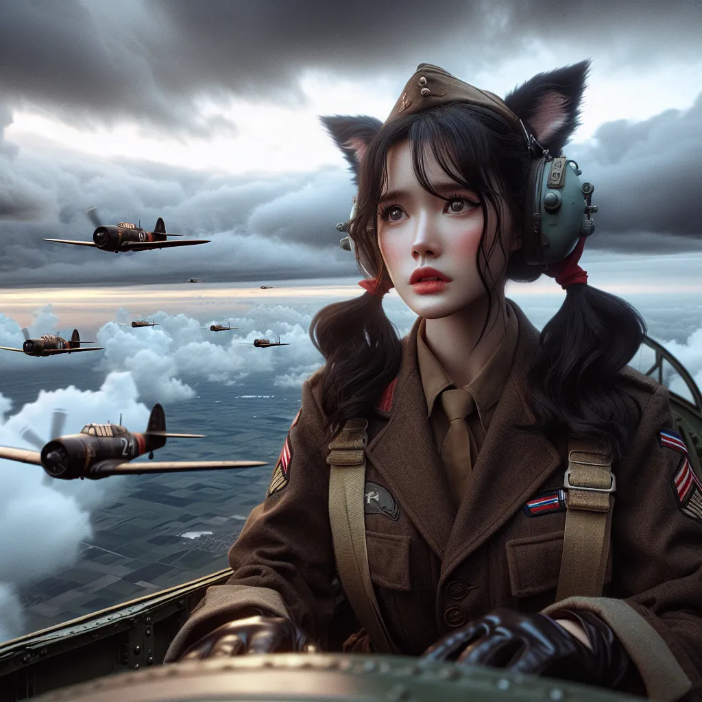A young woman in a wartime military flight uniform soars through a cloudy sky in a vintage-style Strike Unit aircraft, her black hair tied in red pigtails and small animal ears atop her head. Her expression is a mix of determination and inner turmoil, reflecting the uneasy fusion of unfamiliar magic and lost martial prowess. Below her, distant battlefields and fellow flying witches fill the horizon, hinting at a conflicted soul trapped in a borrowed identity.