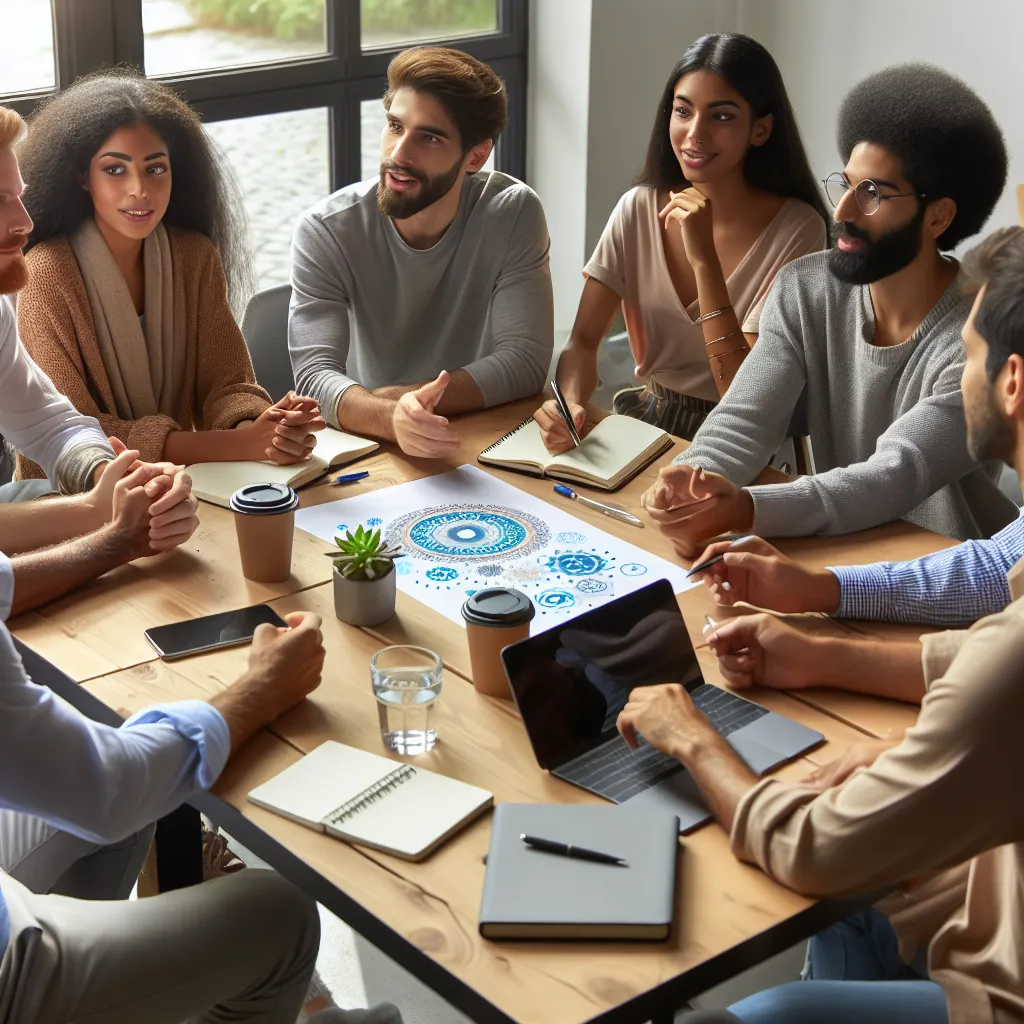 A group of diverse individuals sitting around a table, engaged in a lively conversation, with a laptop and notepad in the center.