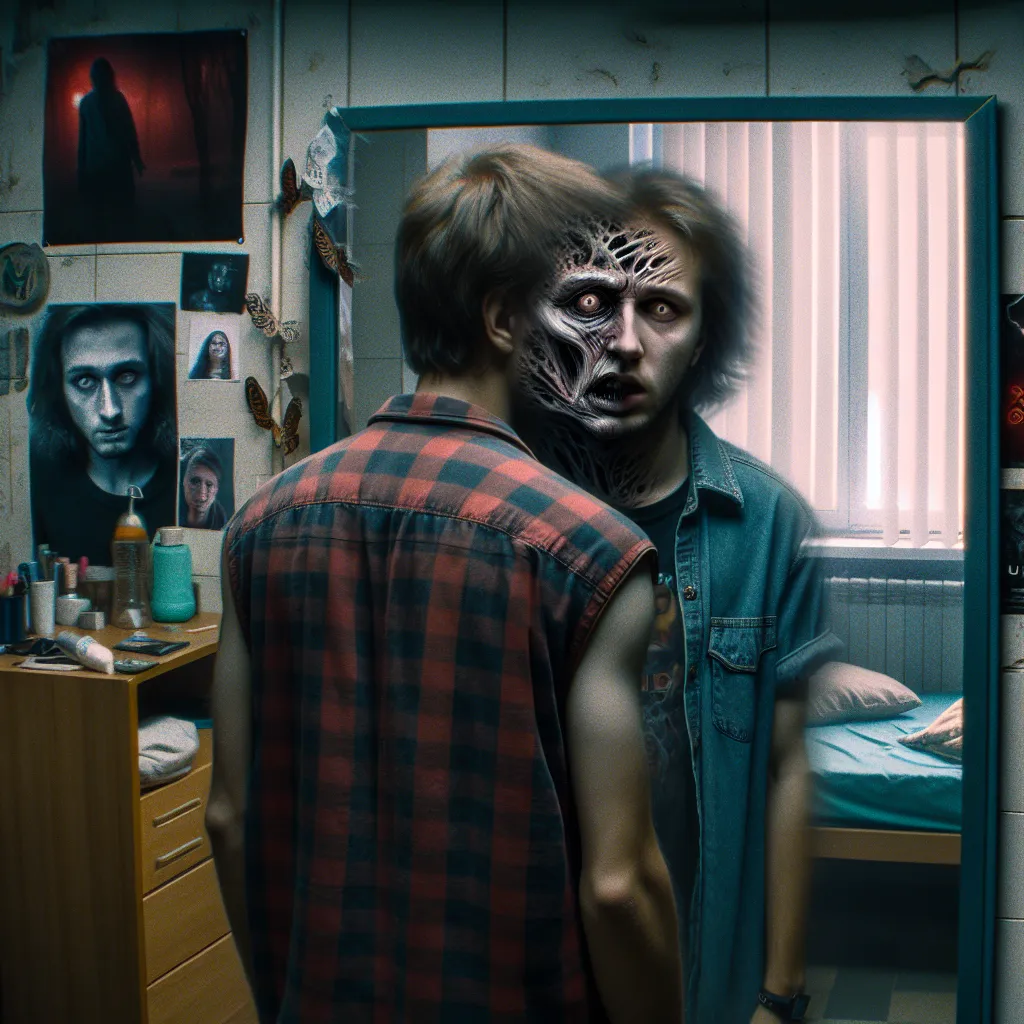 The image is of a distorted reflection in a dorm room mirror. The reflection shows a person in the process of transformation - their appearance changing from masculine to feminine. The room surrounding them is also changing, with posters, furniture, and decorations shifting from a rugged, cluttered style to a more delicate and feminine aesthetic. The image captures the horror and desperation of the protagonist as they grapple with their changing identity.
