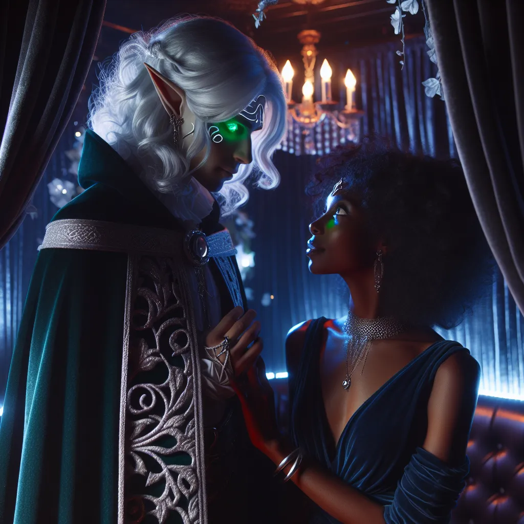 A romantic and mysterious scene unfolds in a dimly lit nightclub booth, as a captivating elf visitor brings a sense of sanctuary and hope to a woman named Lira, shifting her world with his enigmatic presence and whispered promises.