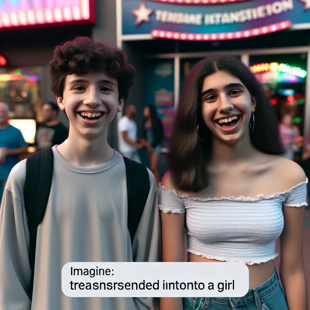 The image accompanying this story could be a depiction of two teenagers standing outside an arcade, with one of them visibly uncomfortable in their new body. One character, who was originally a boy, now appears as a girl, while the other character, who was originally a girl, now appears as a boy. They are both laughing and joking with each other, showcasing their lighthearted attitude towards the situation.