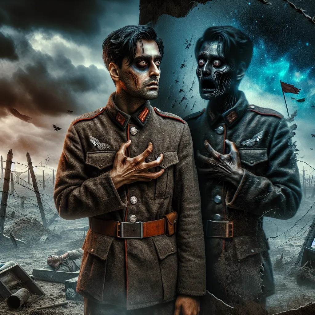 An eerie and unsettling image reflecting a story of a permanent body-swap in a horror setting, where the protagonist finds themselves trapped in the body of another person in a military fantasy world. The image should convey a sense of identity crisis and loss as the character grapples with their new form and the haunting realization that they may never regain their true self.