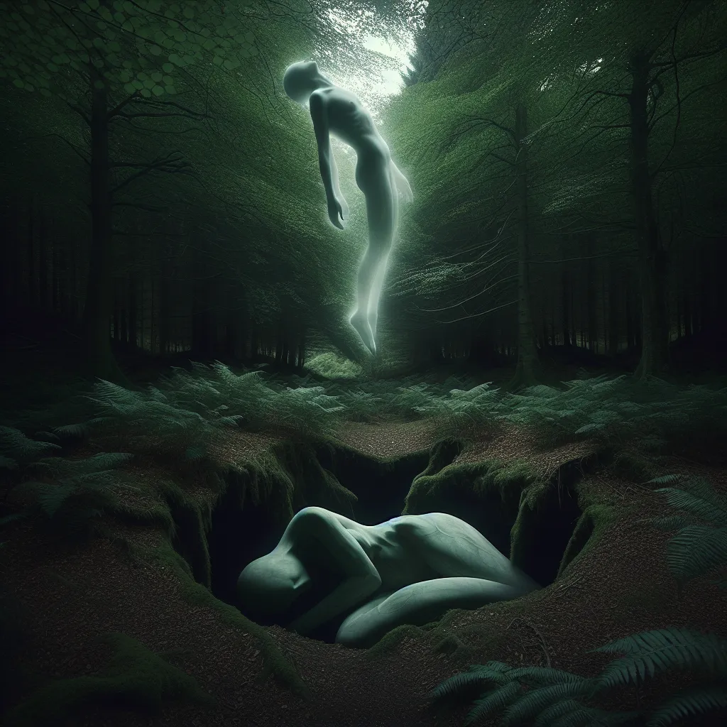 An ethereal image depicting a ghostly figure hovering above a broken body lying at the bottom of a concealed pit in a remote forest.