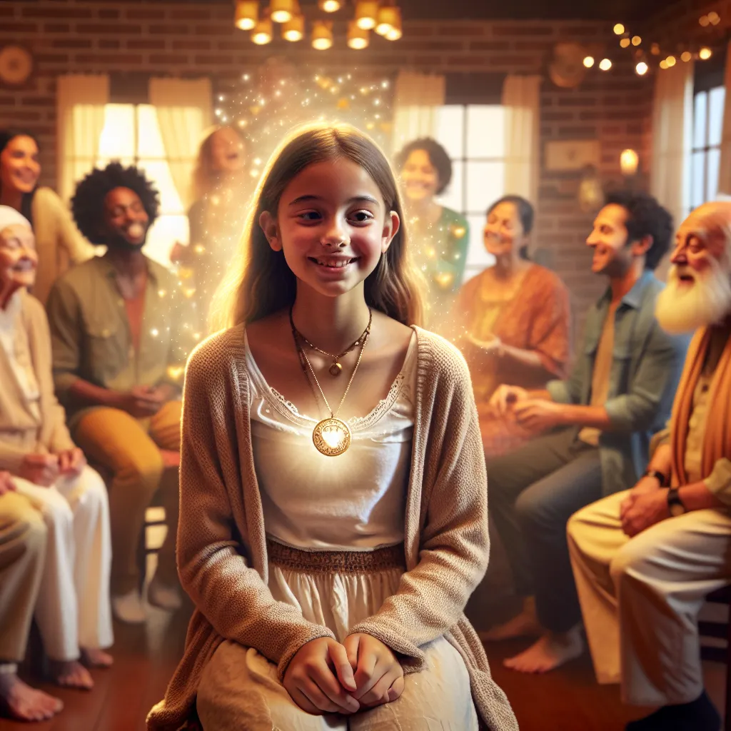 The image should capture the moment when a young girl, embodying the spirit of Grandma Anne in a child’s body, finds wisdom and courage in her new form, while an elderly woman, the physical embodiment of Grandma Anne in her original body, looks on with a mix of contentment and pride. The image should reflect the magical and heartfelt essence of Anne’s legacy, with subtle cues such as the presence of the family, cherished jewelry, and a warm, bustling home environment.
