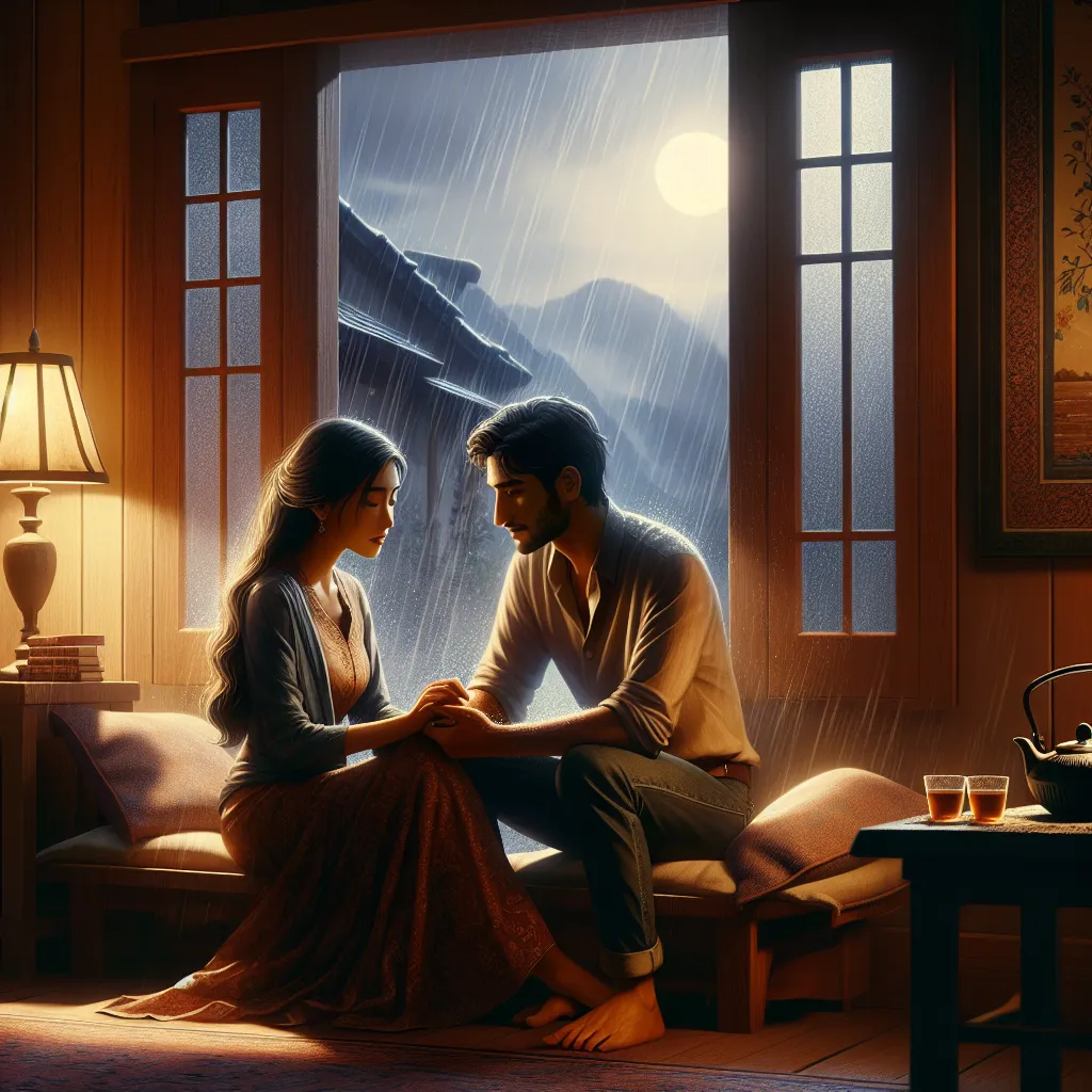 A romantic moment unfolds between Aria and Joshua on a stormy night, enveloped in the intimate glow of lamplight and the soothing patter of rain outside.