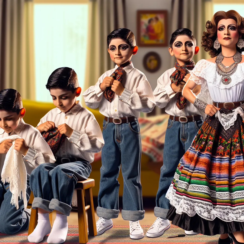 A young boy named Samuel transforms into the likeness of a Hispanic woman named Yolanda, complete with elaborate details such as changing physical features, clothing, and jewelry, leading to a moment of realization and acceptance in a vibrant household setting.