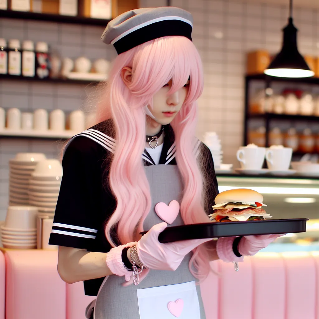 An image of a person in a black and light gray sailor dress with long bubblegum pink hair, standing in a cafe wearing a heart-shaped apron, balancing a tray of food with a determined expression on their face.