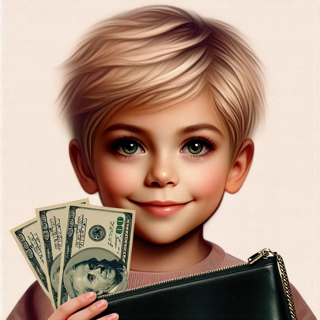 A generative image to accompany this story could be a close-up of a mischievous-looking blonde-haired boy holding a handful of cash, with a reflection in his eyes showing the transformation into a confident, cunning woman with a black purse.