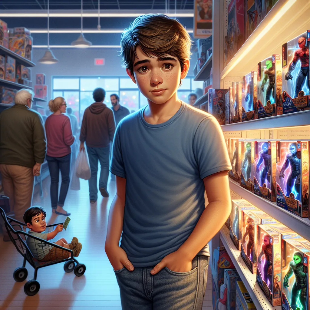 An image showing a young boy standing in a busy store, clutching his allowance in his pocket while looking curiously at a row of glowing action figures. His face is filled with wonder and confusion as he experiences a strange sensation, his surroundings bustling with unaware shoppers.