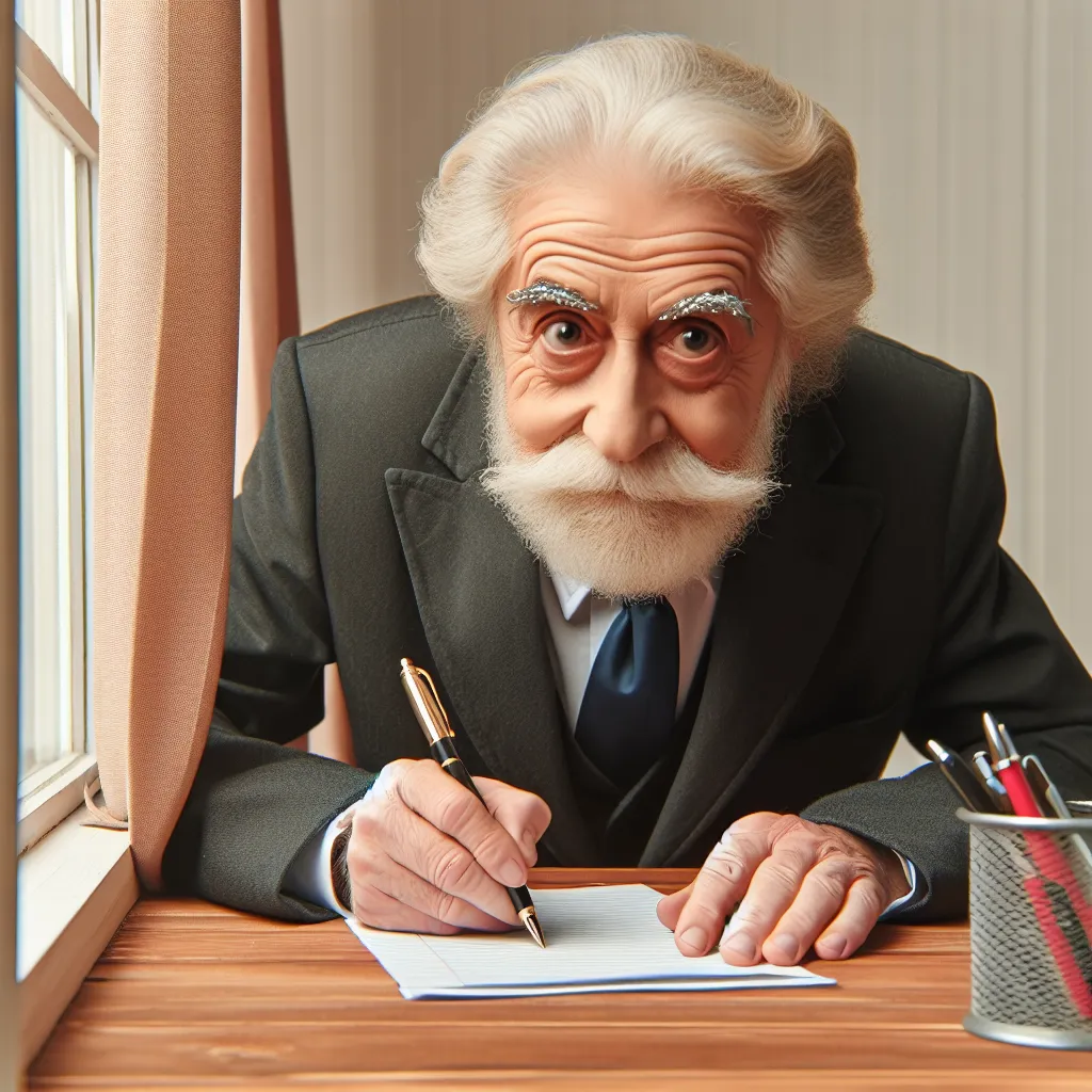 A person sitting at a desk, holding a pen while looking out of a window with a curious expression on their face, as if ready to engage in a conversation.