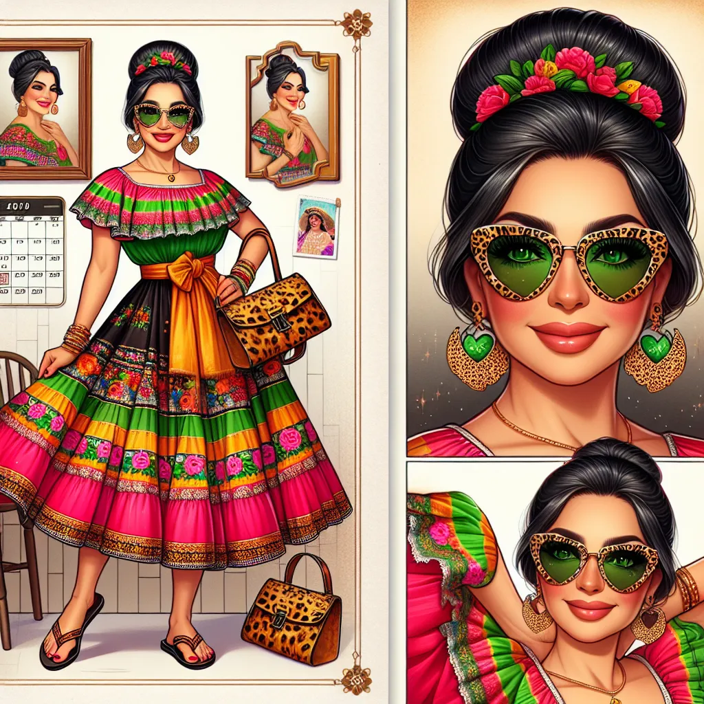 The image description for the story is:
"An image featuring Maria, a Hispanic woman in her 60s, wearing a colorful traditional Mexican dress and flip flops. She has long black hair in a bun, green eyes, and is wearing sunglasses with a leopard print frame. She carries a purse over her shoulder. In the background, there is a calendar, a mirror, and a photo of Maria from her younger days. The scene is bright and vibrant, with a sense of warmth and nostalgia."