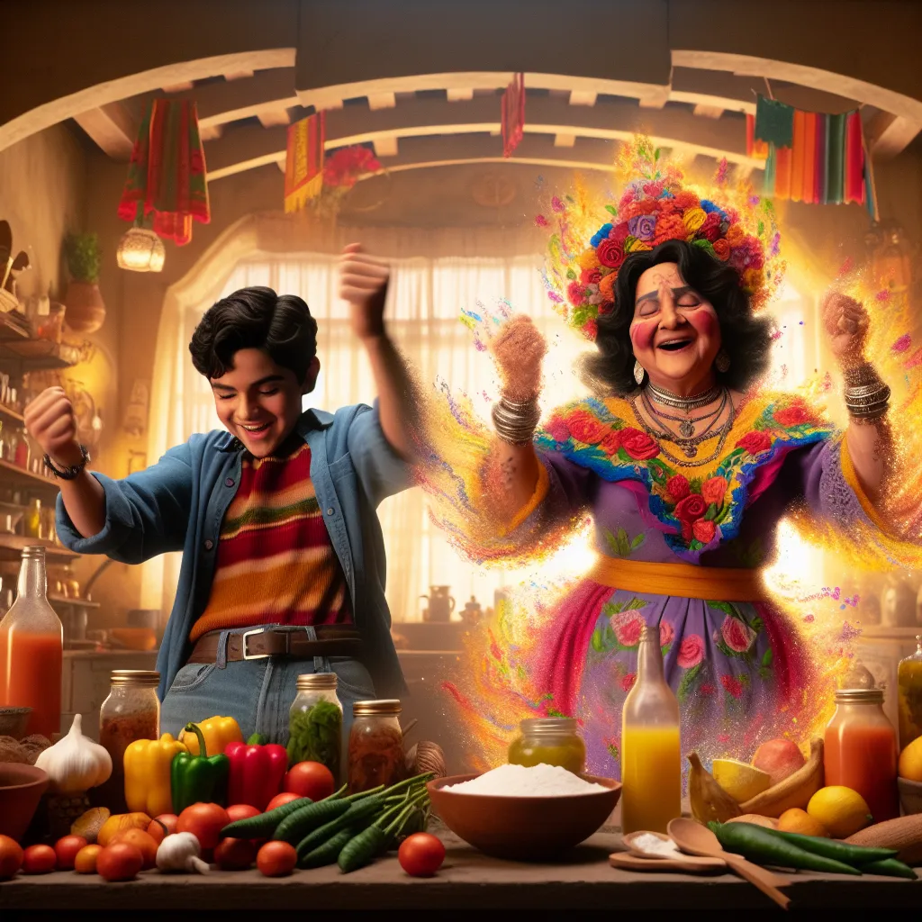 A Mexican-American boy named Andrew accidentally transforms into his friend's mother, Josefina, during an eventful day at his friend's house.istributions needed shows the moment when Andrew realizes he has transformed fully into Josefina Alvarez-Diaz and embraces her lively, embracing culture in a vibrant kitchen setting, celebrating with colorful ingredients and familial love.