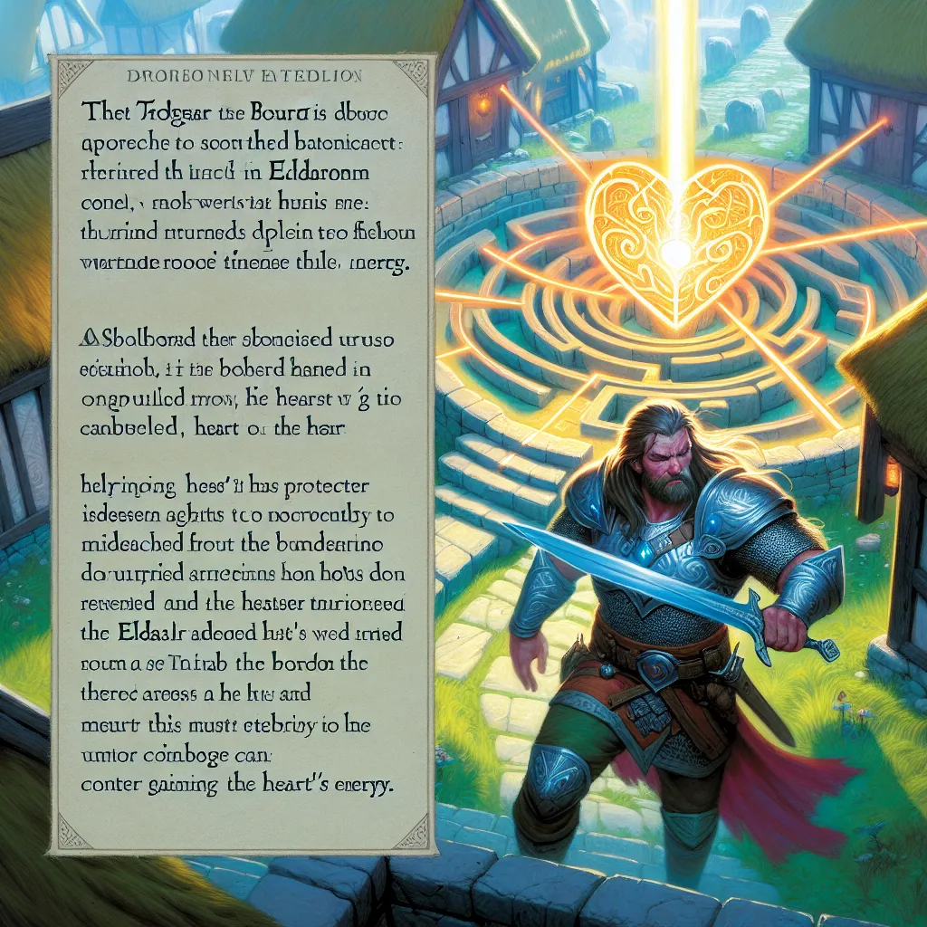 Thorgar the Bold stands at the edge of a village, his sword still wet with the blood of battle. He approaches a mysterious glowing light in the heart of the village, which leads him to a room containing the legendary Heart of Eldara. As Thorgar reaches out to touch it, he is knocked back by a powerful force. A guardian named Eldaron appears, warning Thorgar of the trials he must face to claim the Heart's power. The room transforms into a labyrinth, and Thorgar prepares himself for the challenges