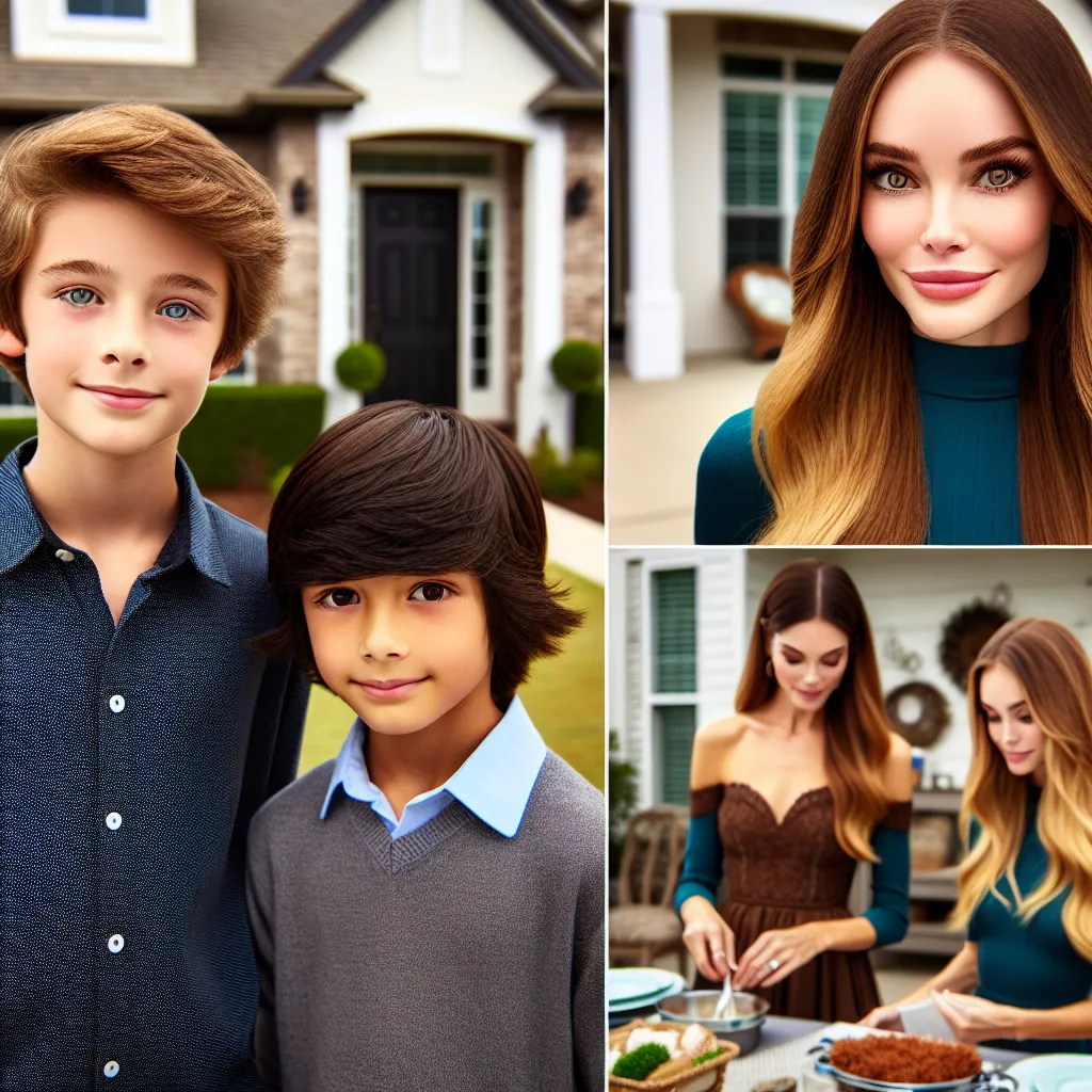 An image of a young boy, Johnny, with short brown hair and bright blue eyes, standing next to his friend Emily, a girl with long, straight black hair and deep brown eyes. They are standing outside a suburban home, while Johnny's mom, Laura, a young woman with long blonde hair, auburn dress, and elegant accessories, prepares for a birthday dinner.