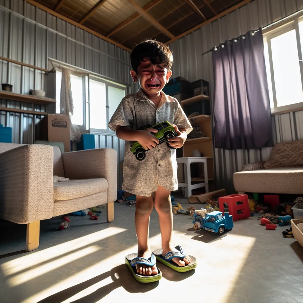 Image description: A young boy stands in a room, surrounded by furniture. He is wearing a pair of oversized flip flops and is holding a small toy car. He looks confused and distressed, with tears streaming down his face. The room is filled with sunlight, casting shadows across the floor and walls.