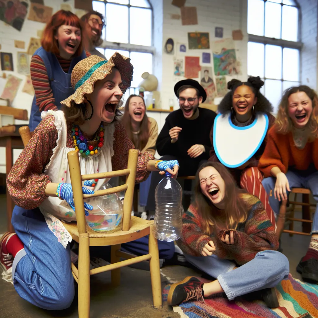 Description: A group of friends laugh as one of them, Lily, reenacts a "baby's first day" scenario, complete with an oversized highchair, a bib, a baby bottle, and a diaper. Lily, wearing a frilly bonnet and a tutu, looks both amused and embarrassed as she participates in the unusual role-play orchestrated by her friends' mother.