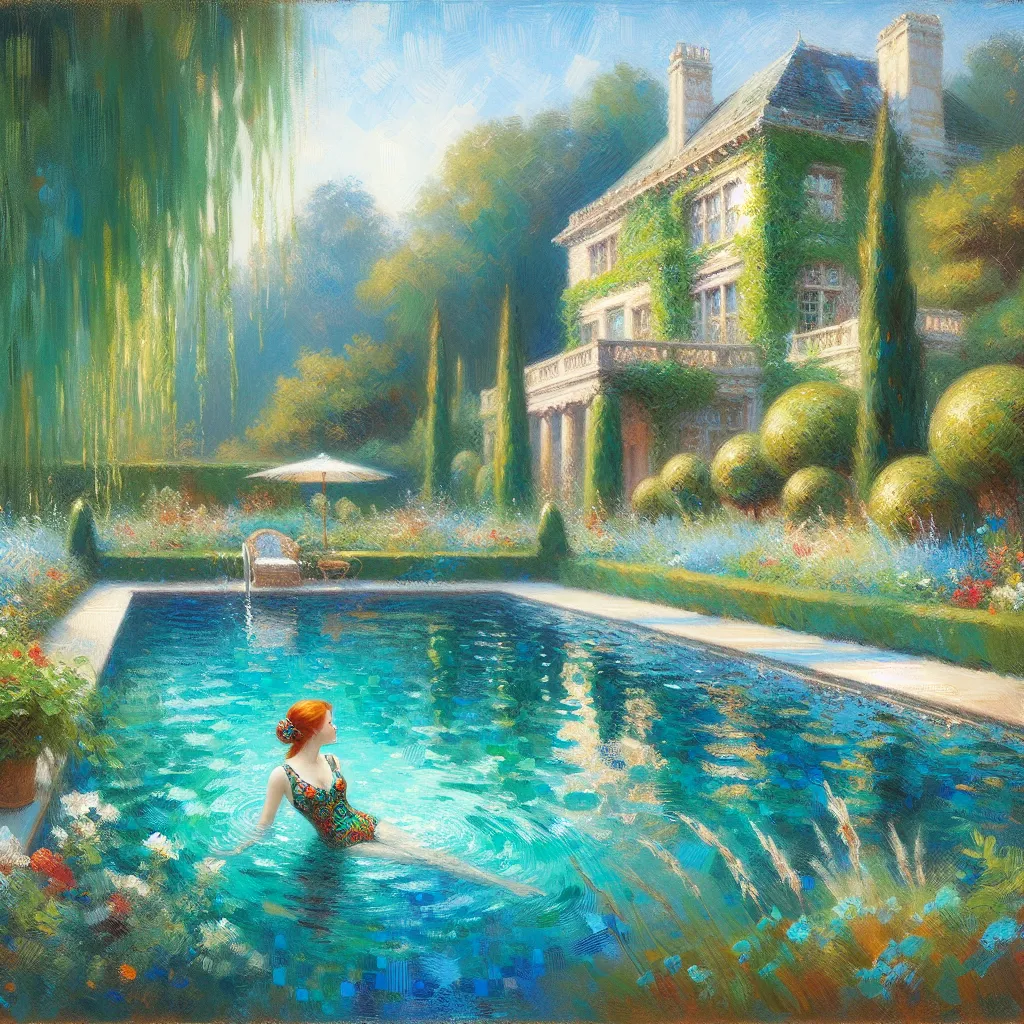 Story: Pool, Possession, Bikini, Redhead, Luxury in the style of Monet