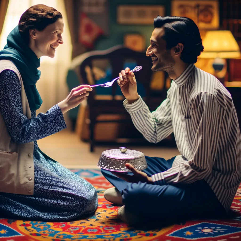 A romantic moment captured: a woman kneeling on a rug, silver fork in hand, sharing laughter and a lingering kiss with a man playing dead, their chemistry sparking with promise and affection.