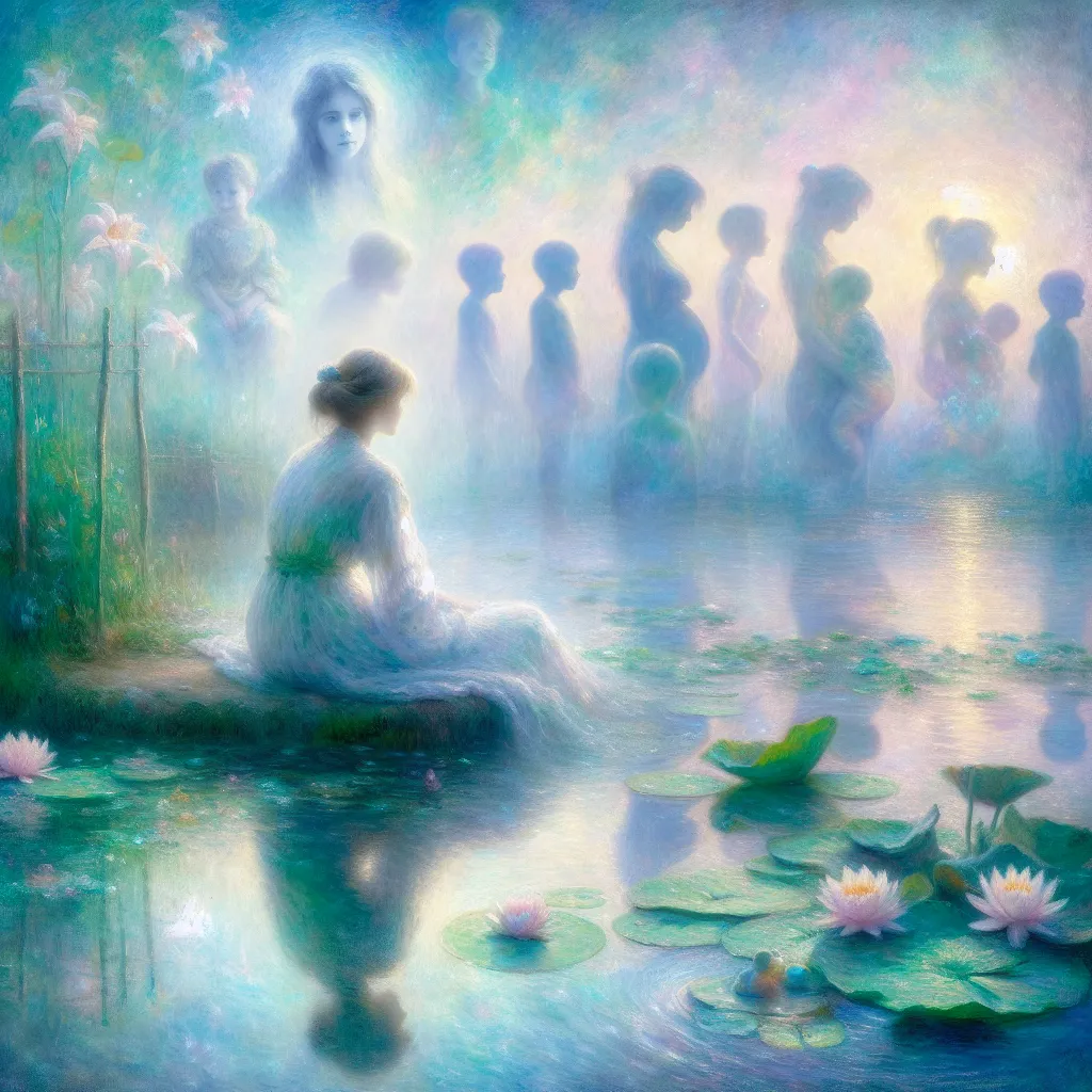 Transformation, Identity, Memories, Motherhood, Dream in the style of Monet