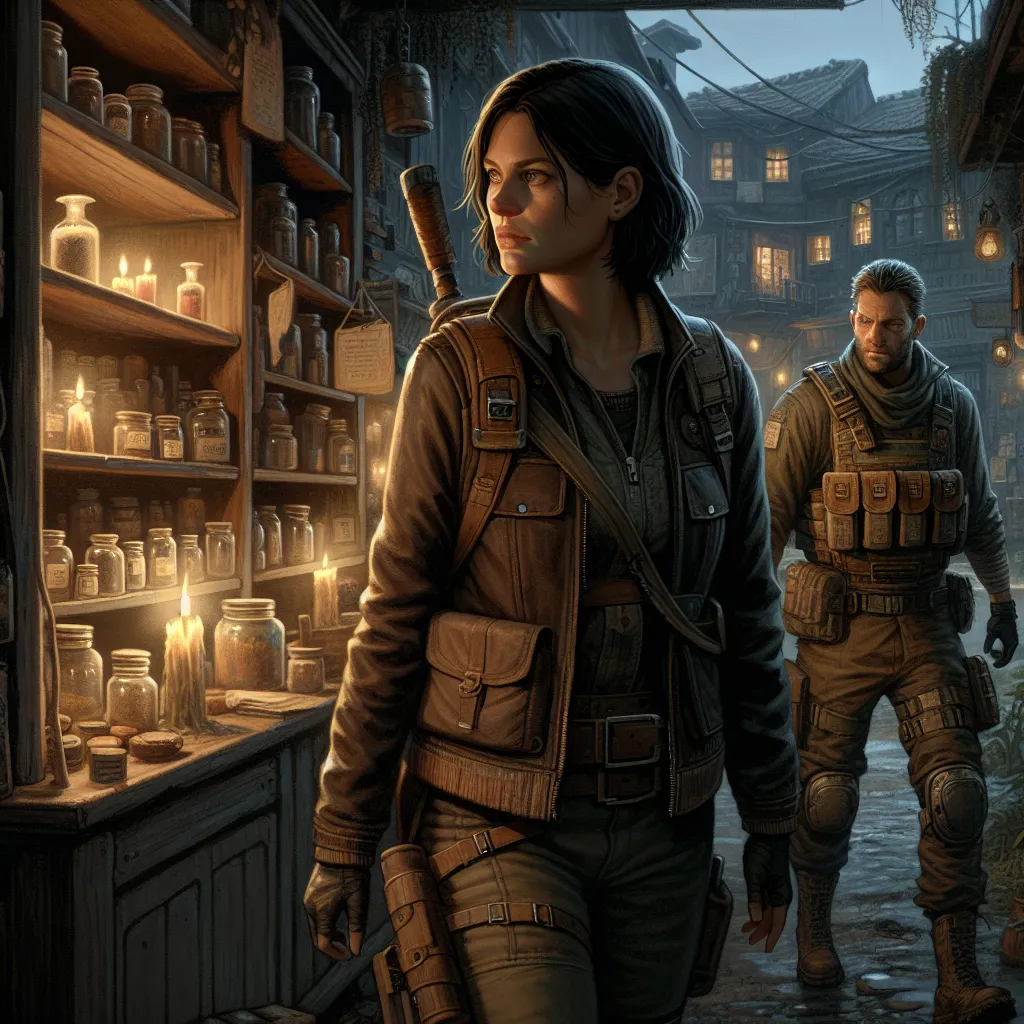 A female protagonist, Laura, navigates a gritty urban landscape with her companion Gambit, exuding quiet determination and loyalty in the face of danger. They seek refuge in a dimly lit herbalist's shop, where unspoken trust and silent communication shape their bond. The image captures Laura's steadfast resolve and Gambit's guarded gratitude amidst an atmosphere charged with mystery and intrigue.