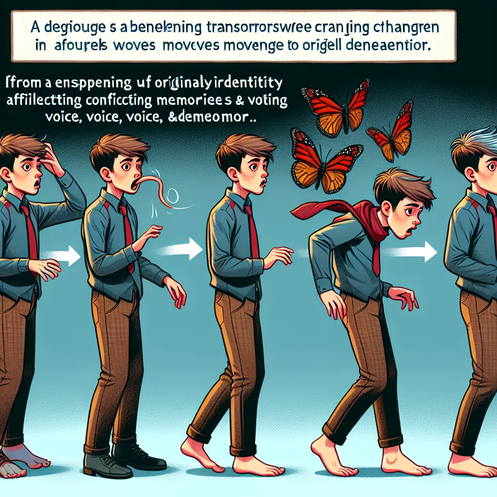A young boy, Owen, undergoes a mysterious transformation into his friend’s sister, Maddie, starting with his feet changing in appearance and size and progressing to his hair, clothing, and even his voice and mannerisms, ultimately leading to a panic-stricken attempt to reclaim his original identity as he battles the shifting memories and characteristics overtaking him.