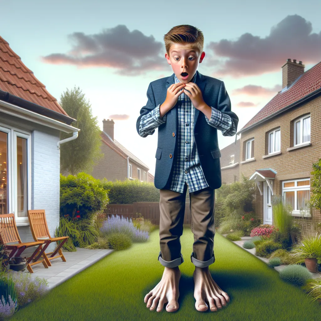 Description: An image of a young boy named Ethan standing in a suburban backyard, looking down in surprise as his feet begin to undergo a transformation.