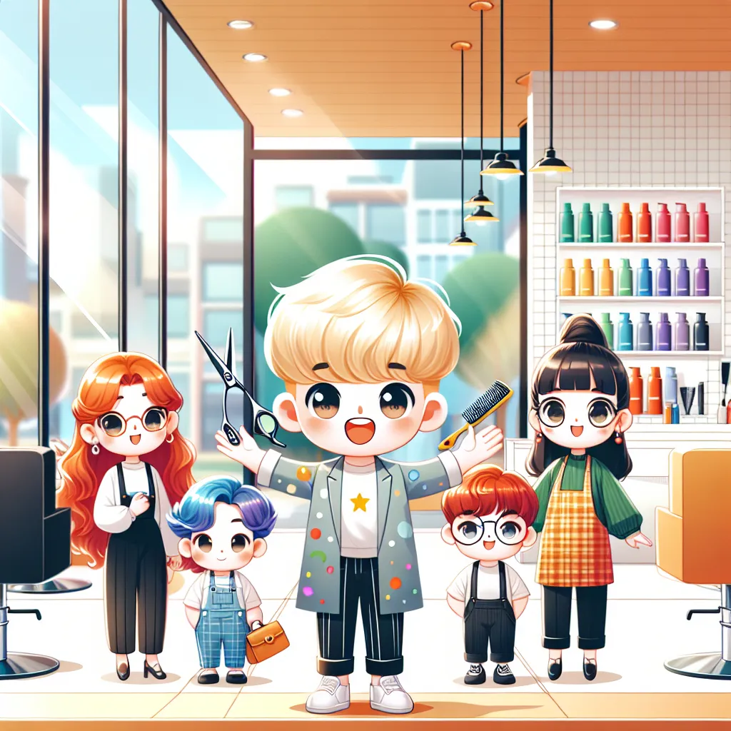 A young boy named Elliot, his mother Claire, and grandmother Diane visit "Lily's Salon" on a sunny day. Inside, five petite Korean stylists with distinct styles greet them, ready to transform Elliot's honey-blond hair.