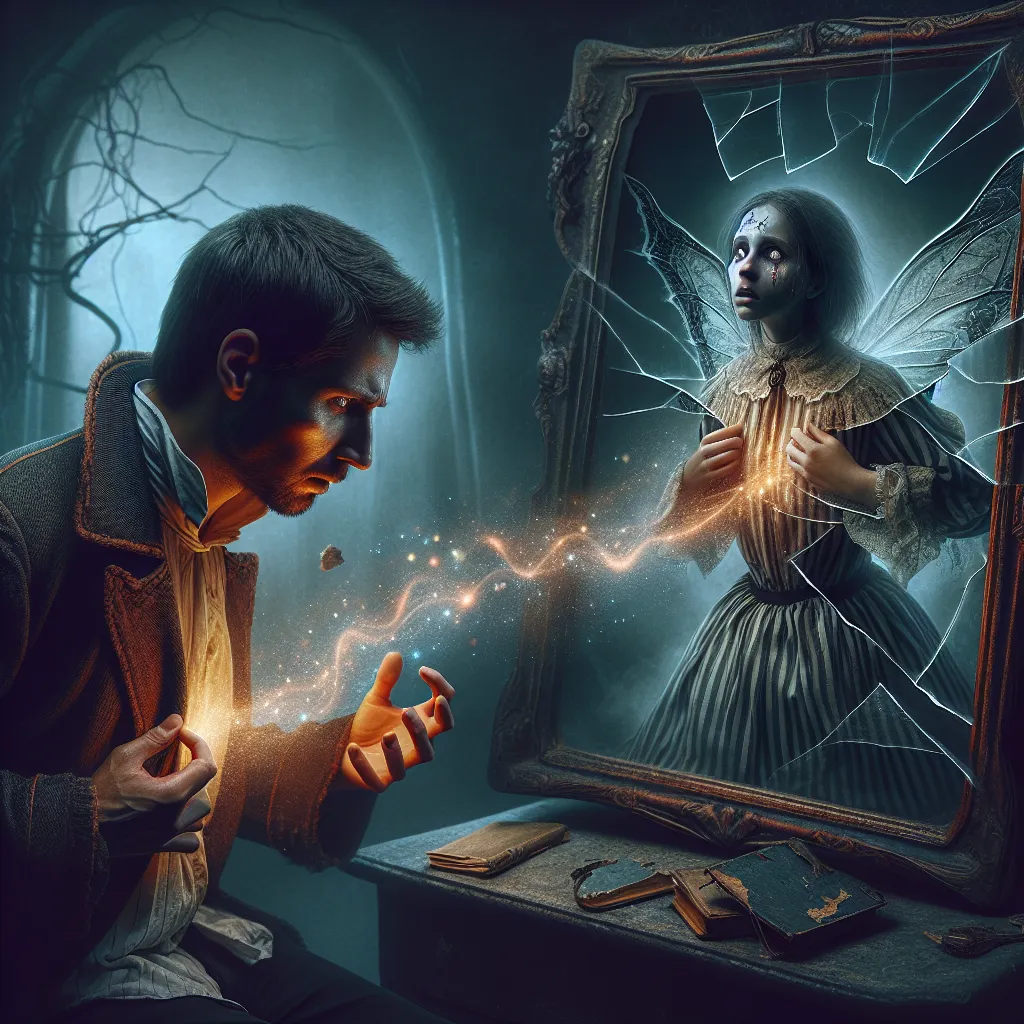 A haunting image depicting Trevor Maloney's strained reflection in a mirror, torn between his former self and Miyafuji Yoshika, symbolizing the irreversible transformation and loss of identity in the Strike Witches horror story "Soulbound: The Unseen Exchange."